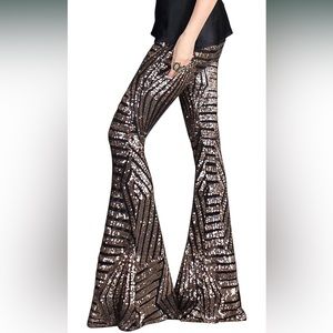 Women High Waist Wide Leg Palazzo Lounge Pants Sequin Bell Bottoms Trousers